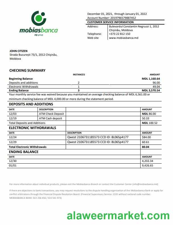 Moldova Mobiasbanca bank statement template in Word and PDF format